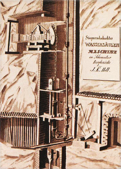 Vodnostĺpcový čerpací stroj J.K.Hella postavený roku 1759 v šachte Zigmund v Banskej Štiavnici - kresba z roku 1845